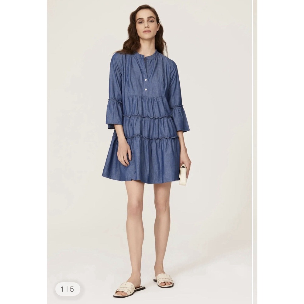 Peter Som Blue Chambray Midi Dress Sz 4/6 S Tiered Ruffle Cottage Western $350